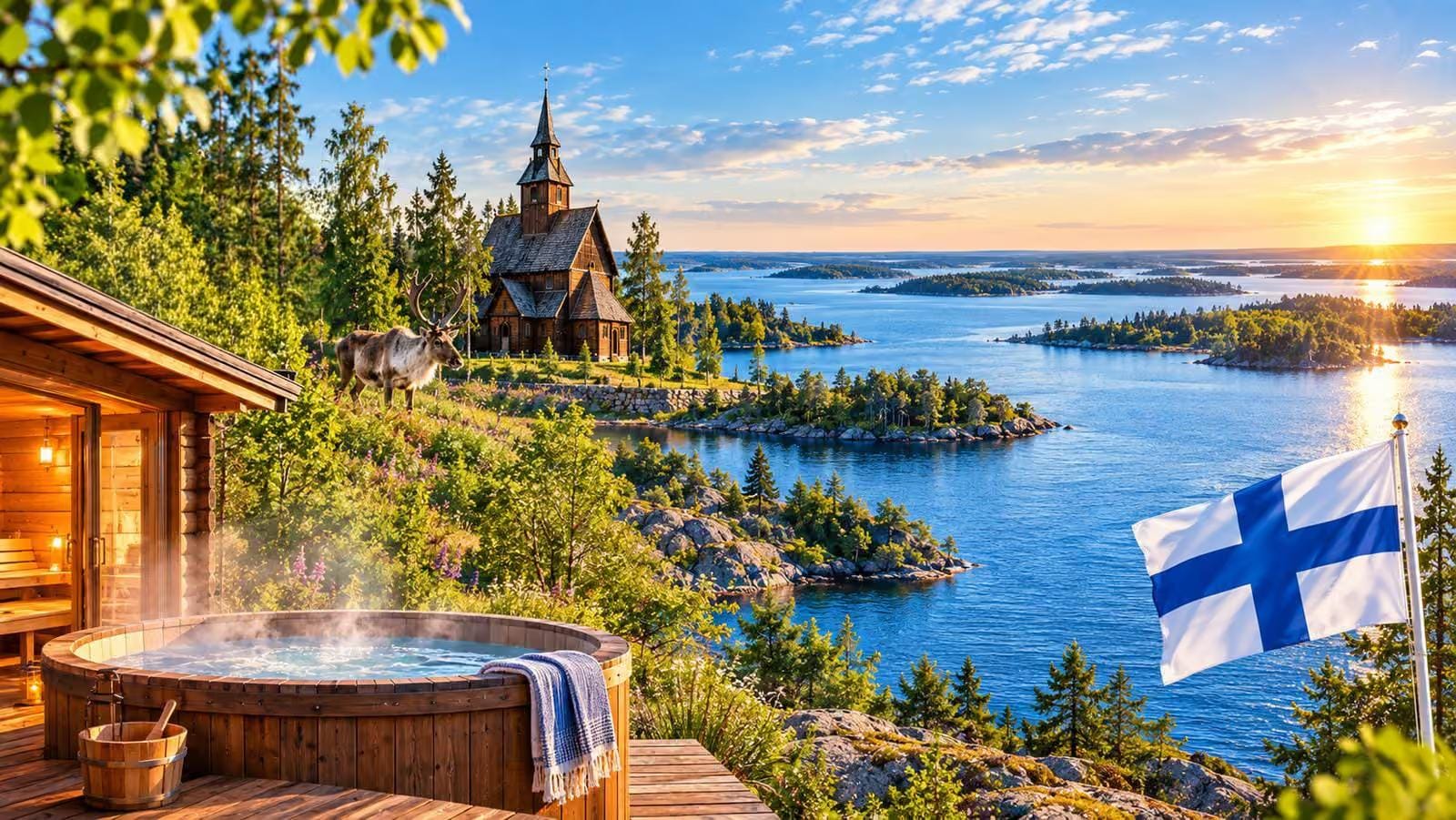 Finnische Seenlandschaft bei Sonnenuntergang, Holzkirche und Sauna mit Flagge von Finnland.