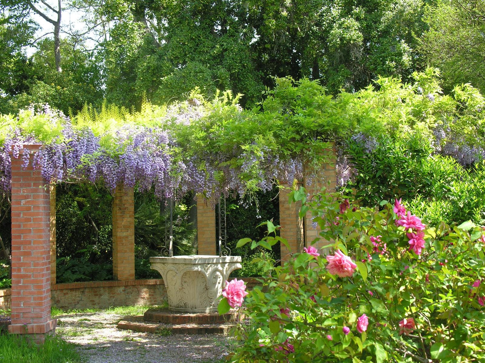 Backsteinpergola mit blühender Glyzinie und Rosen in einem grünen Garten.