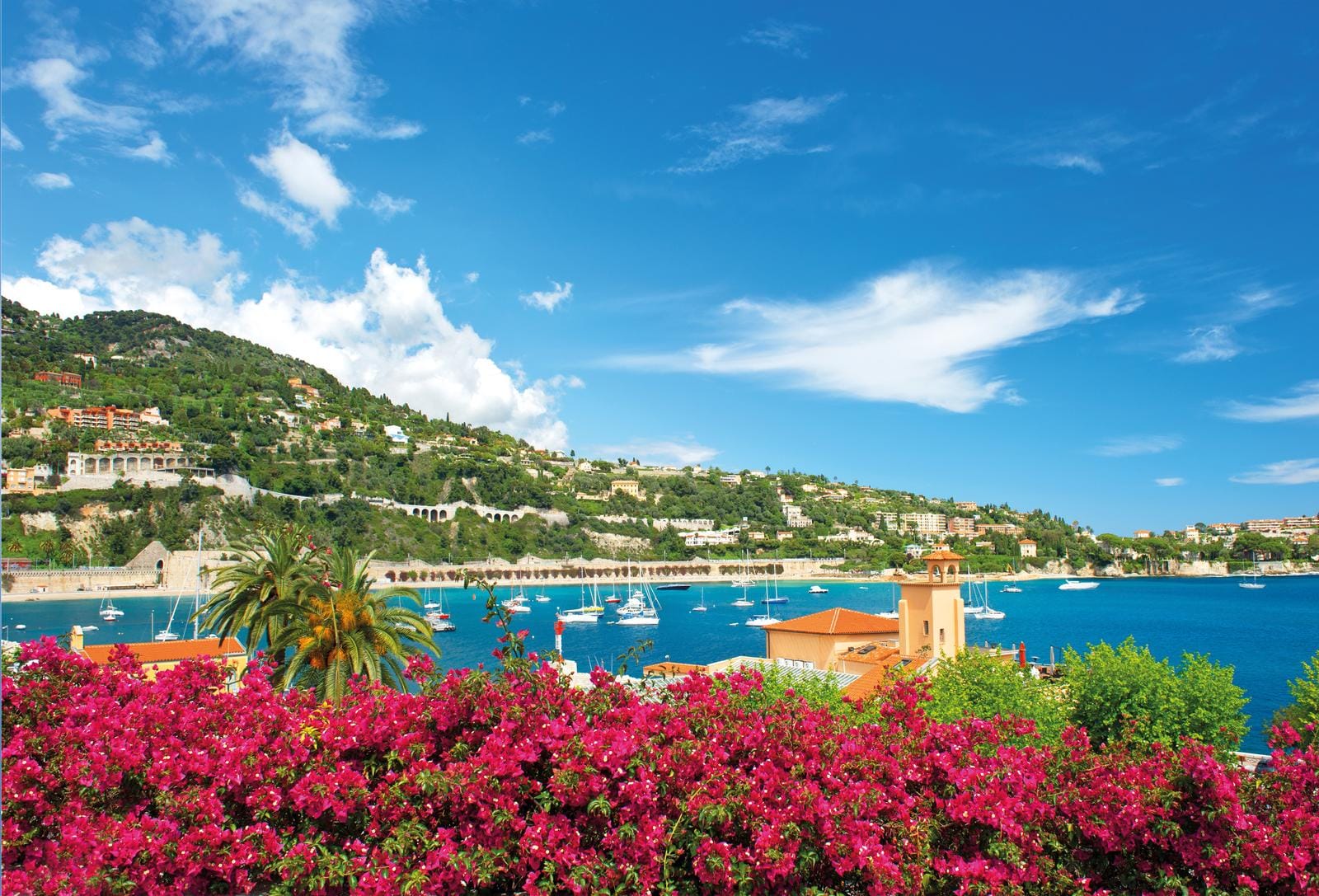 Küste von Villefranche-sur-Mer, Frankreich, mit Bougainvillea, blauer Bucht und Yachten.