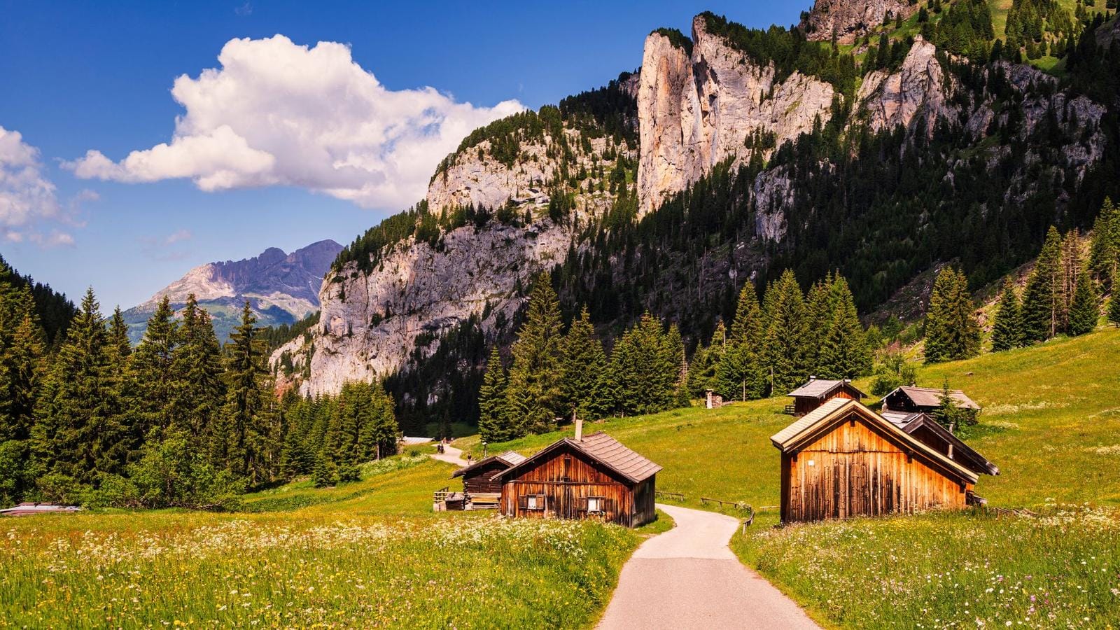Berglandschaft mit Holzhütten, Wiese, Tannen und dramatischem Felsen in den Dolomiten.