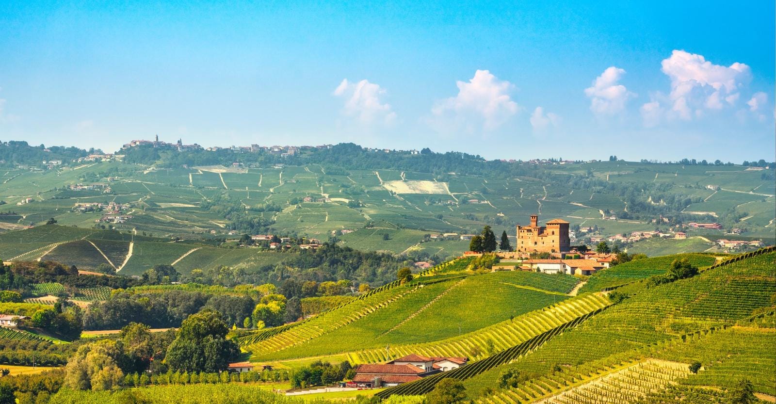 Hügelige Weinberge mit Schloss im Piemont, Italien, bei klarem Himmel.