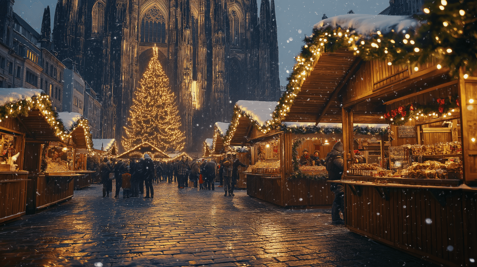 Verschneiter Weihnachtsmarkt mit beleuchtetem Baum vor gotischer Kathedrale.
