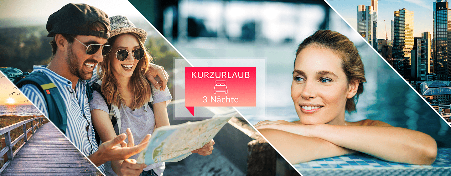 Lächelndes Paar mit Karte, Frau im Pool, Skyline Wolkenkratzer, Holzdünenweg bei Sonnenuntergang.