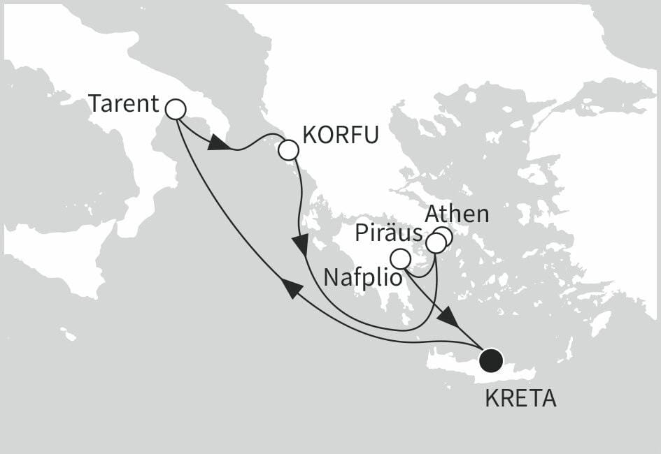 Routenkarte des Ă–stlichen Mittelmeers mit TUI MEIN SCHIFF 5