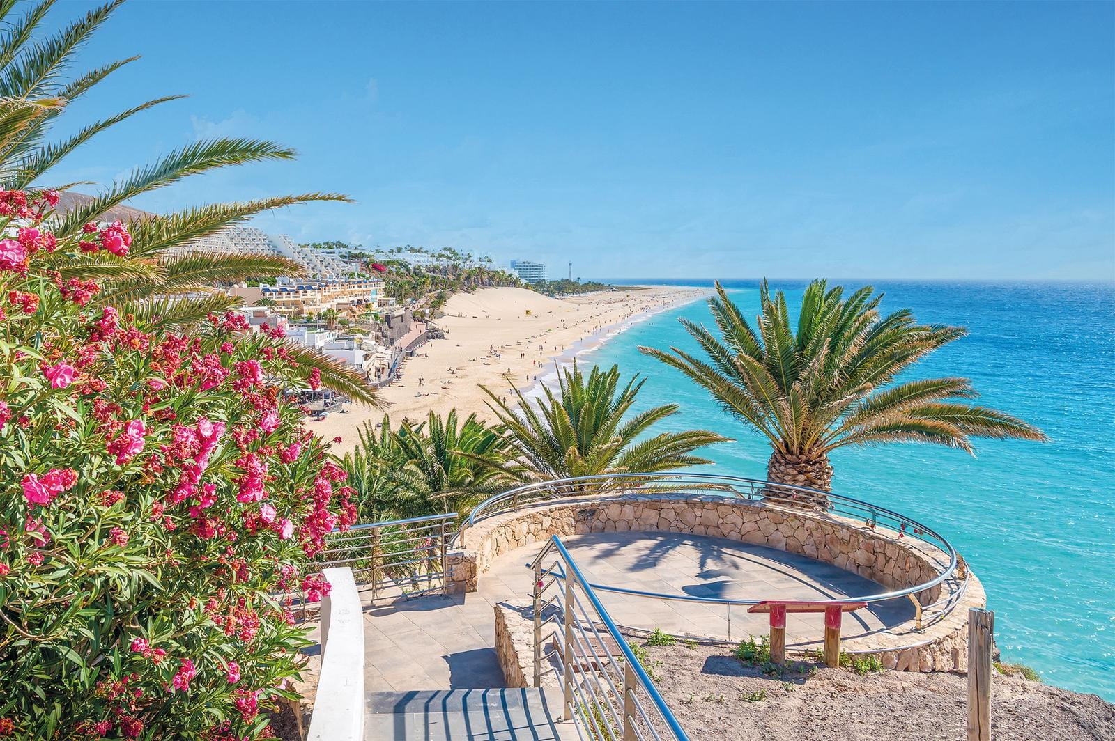 Sicht auf Strand mit Palmen und bunten Blumen, türkisfarbenes Meer und blauer Himmel.