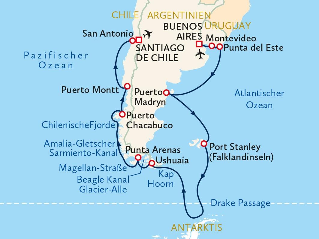 Karte von Südamerika mit Reiseroute entlang der Küste von Chile bis Argentinien.