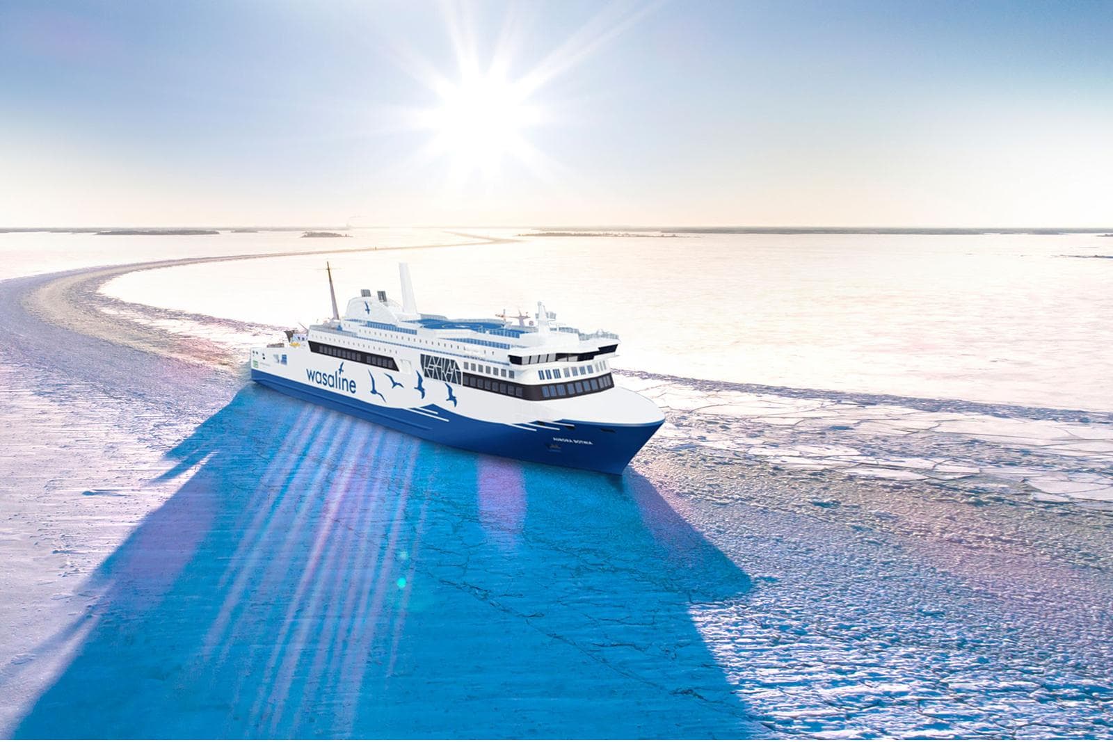 Fähre auf vereistem Meer bei Sonnenschein, vermutlich in nordischen Gewässern unterwegs.