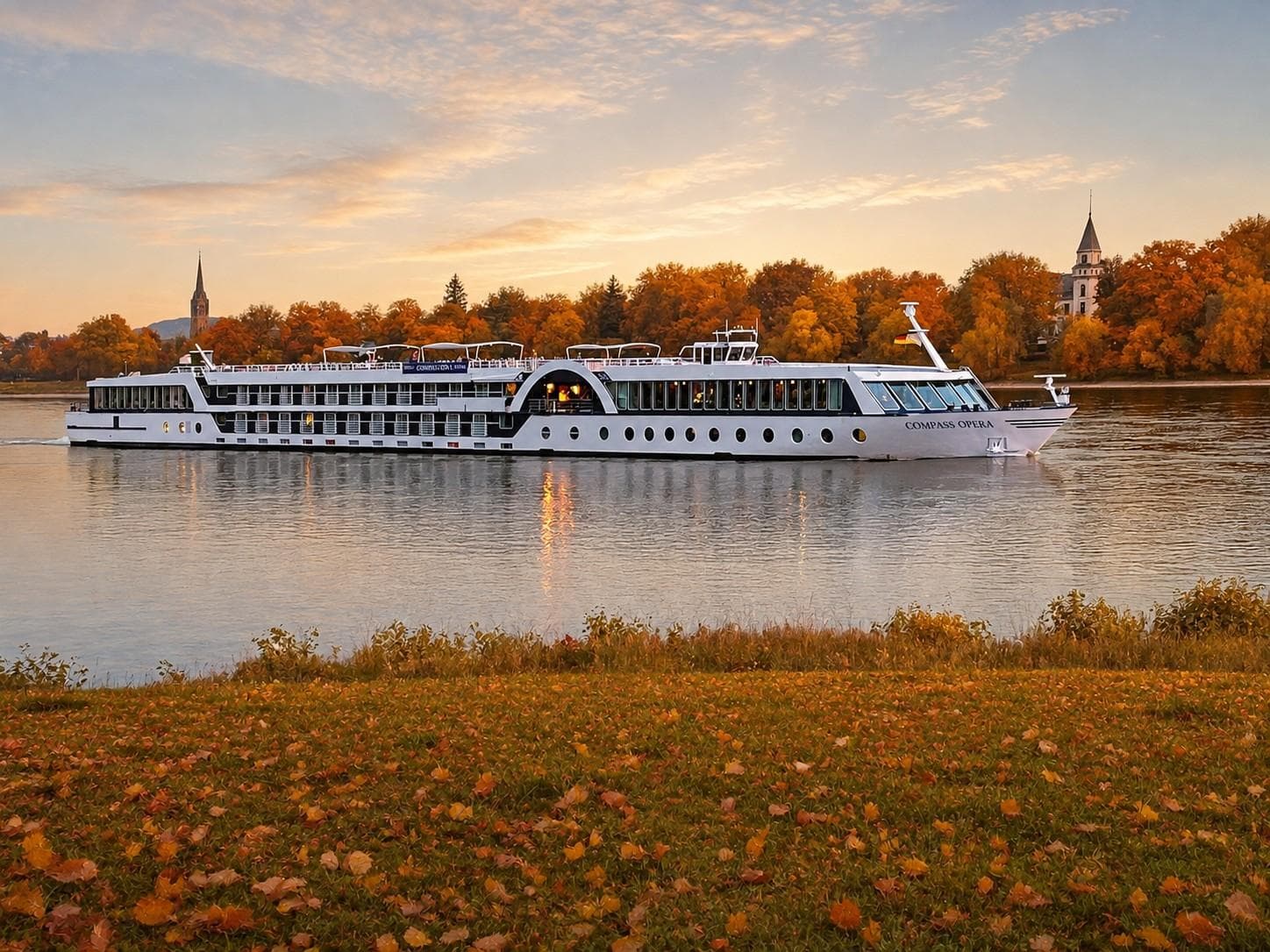 Kreuzfahrtschiff auf einem Fluss, umgeben von herbstlicher Landschaft mit Kirchturm.
