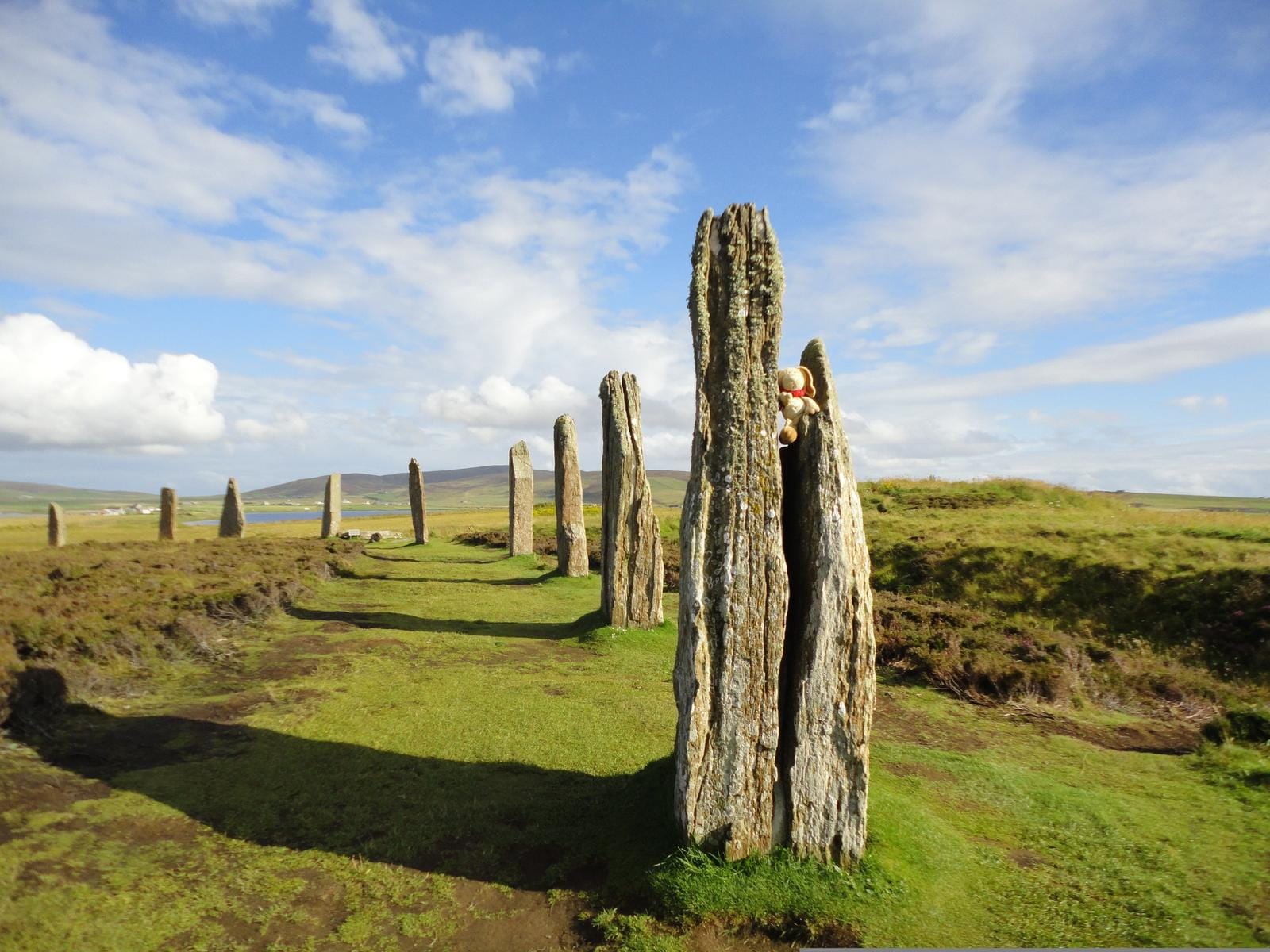Steinreihe auf Orkney, Schottland an einem sonnigen Tag, grüne Wiesen und blauer Himmel.