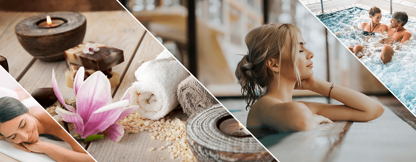 Wellness-Spa mit Kerzen, Blumen, Massagen und Whirlpool, entspannte Atmosphäre.