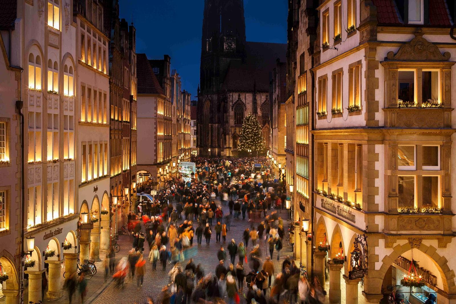 Belebte, festlich erleuchtete Straße in Münster, Deutschland, mit Weihnachtsbaum.