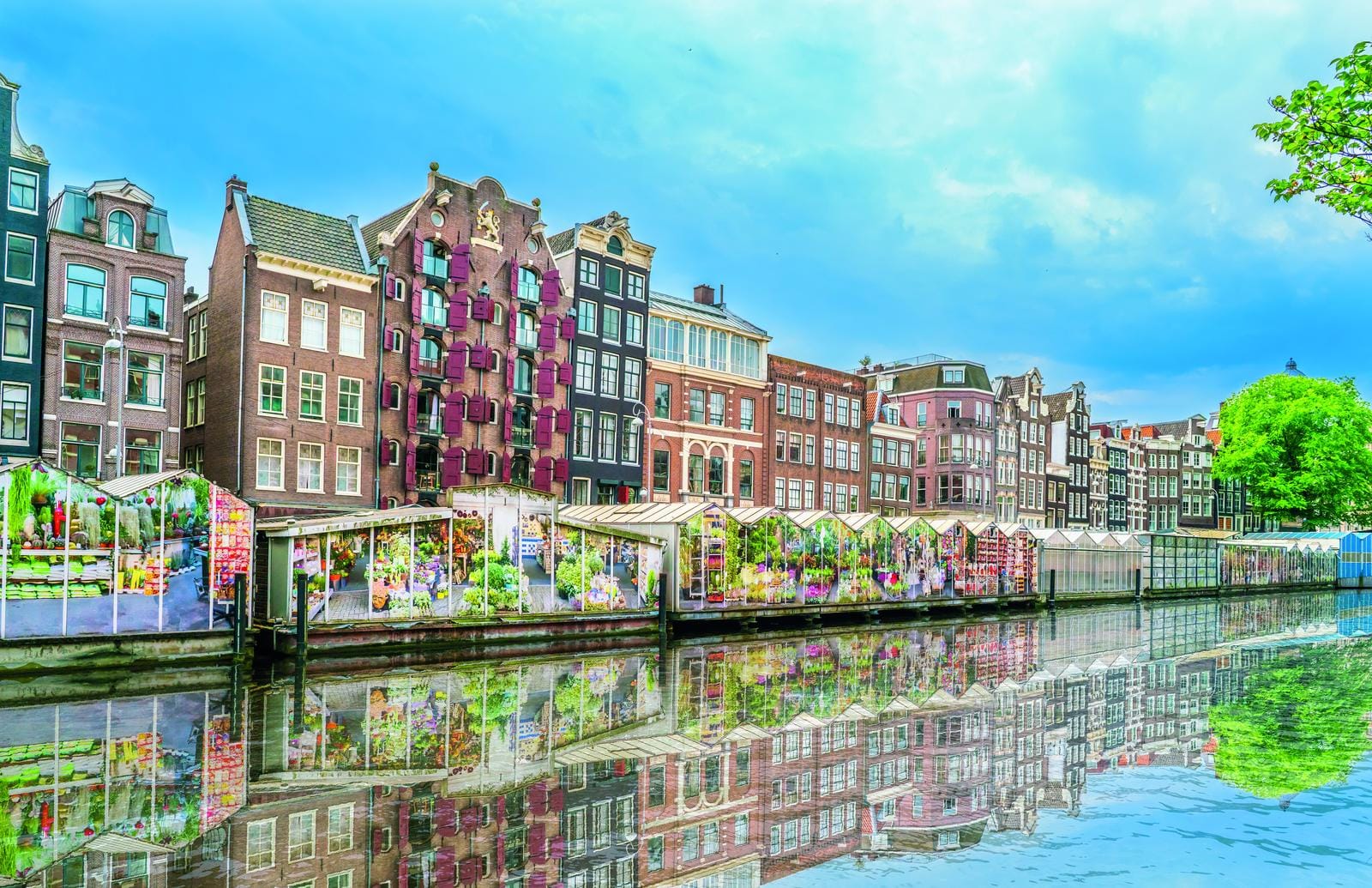 Amsterdam, Niederlande; bunte Grachtenhäuser am schwimmenden Blumenmarkt.