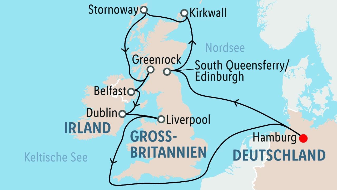 Kreuzfahrt-Route von Hamburg durch Großbritannien und Irland mit Stopps in mehreren Städten.
