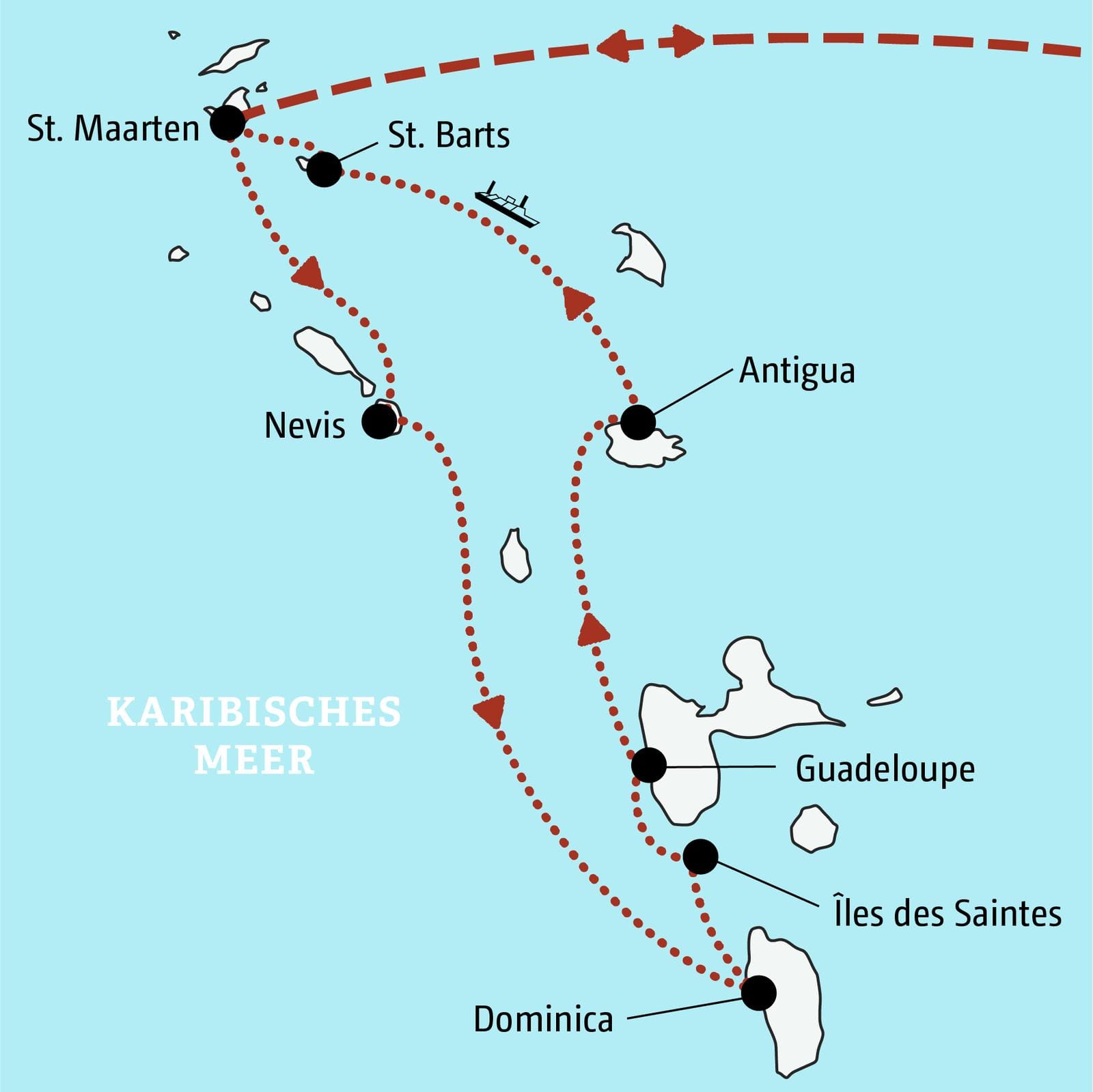 Kreuzroute durch das Karibische Meer mit St. Maarten, Antigua und Dominica.