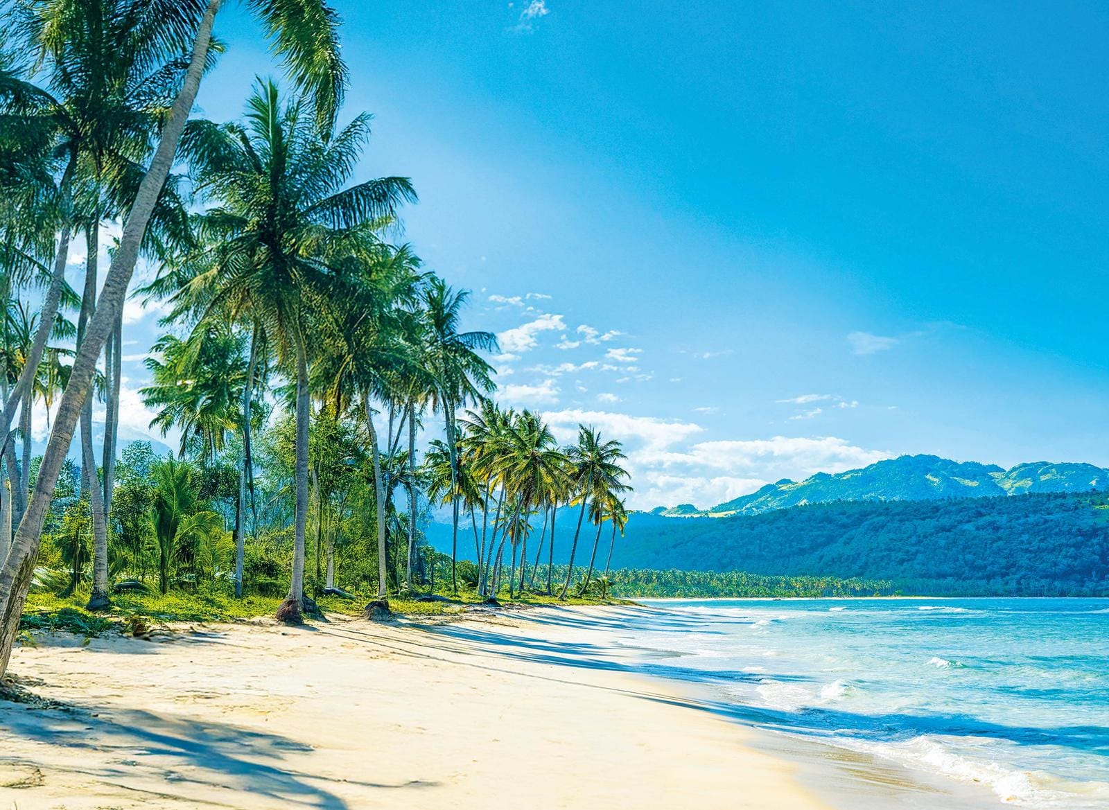 Tropischer Strand mit Palmen, türkisfarbenem Meer und blauen Bergen im Hintergrund.
