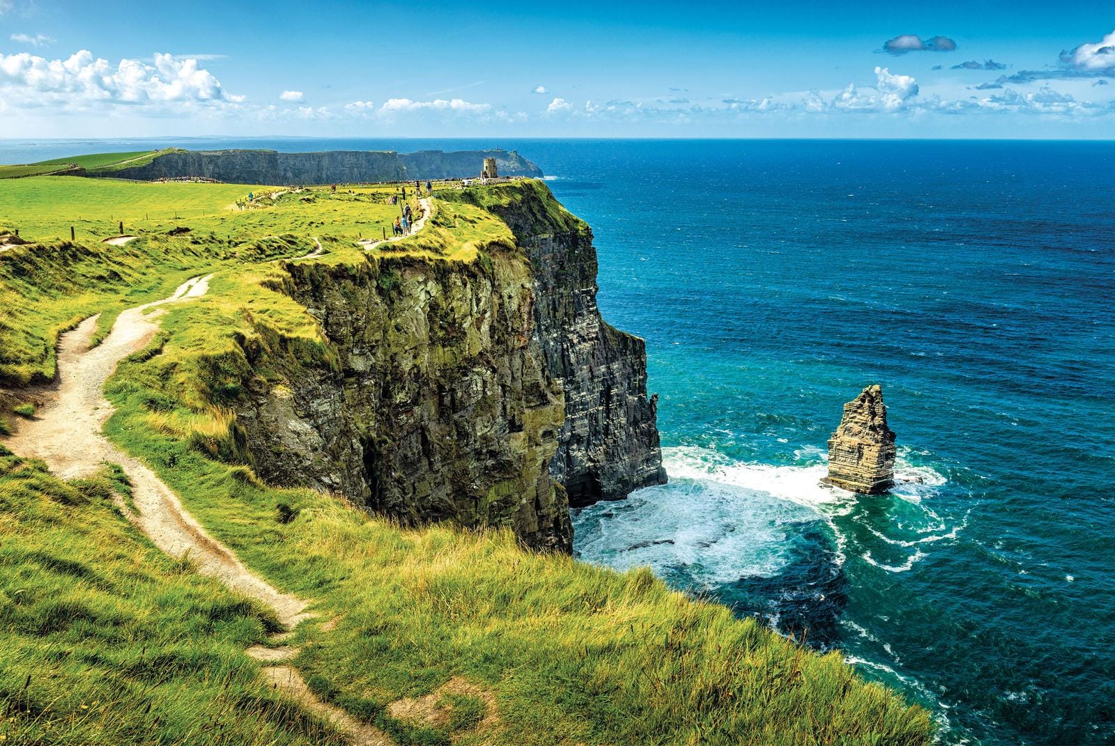 Klippen von Moher, Irland: grüne Wiesen, steile Klippen, stürmische See, blauer Himmel.
