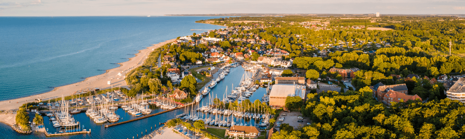 Küste und Hafen von Neustadt in Holstein im Sommerlicht, zahlreiche Segelboote.