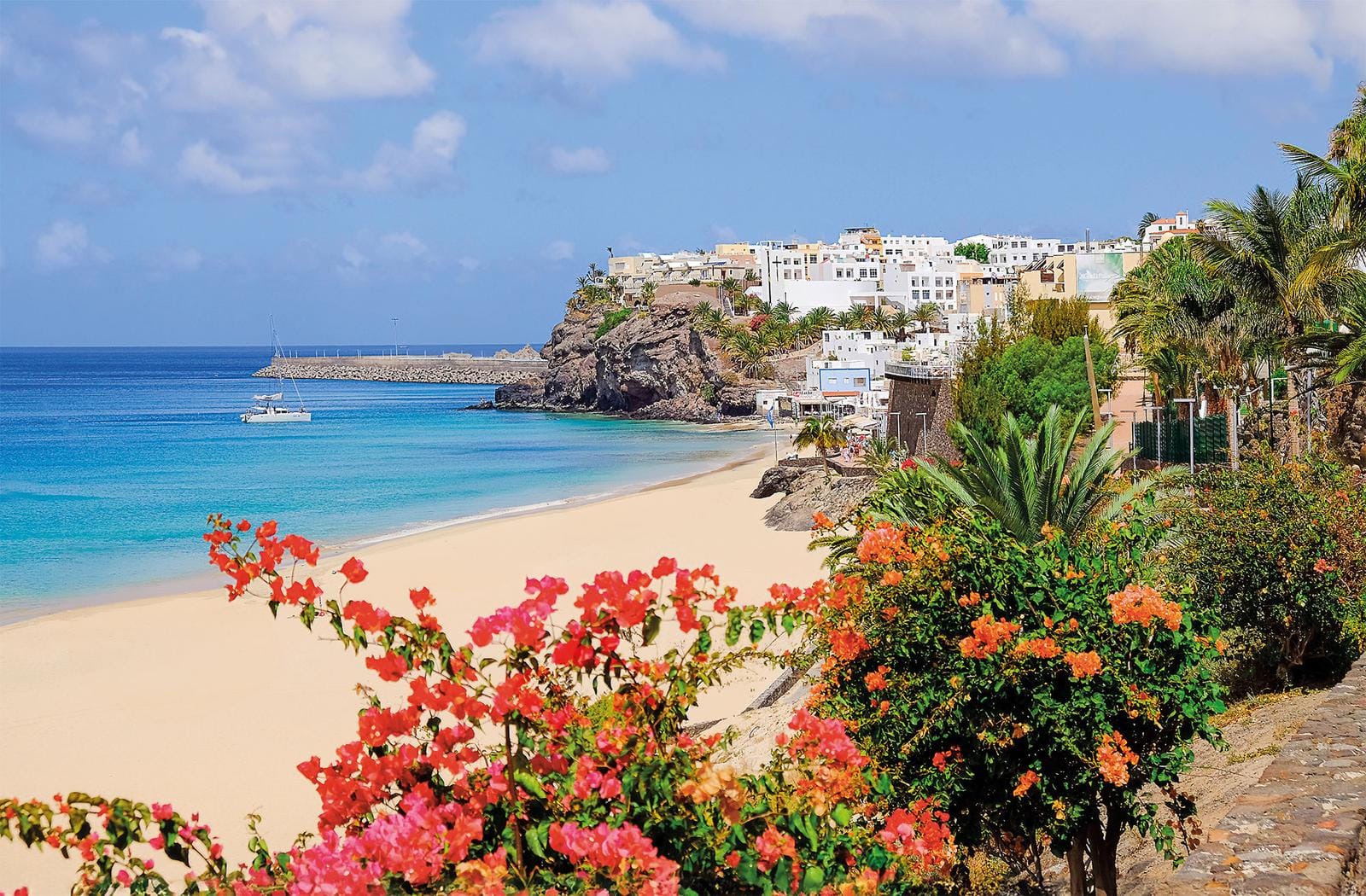 Idyllischer Strand auf Fuerteventura, Spanien, mit türkisblauem Meer und blühenden Bougainvilleen.