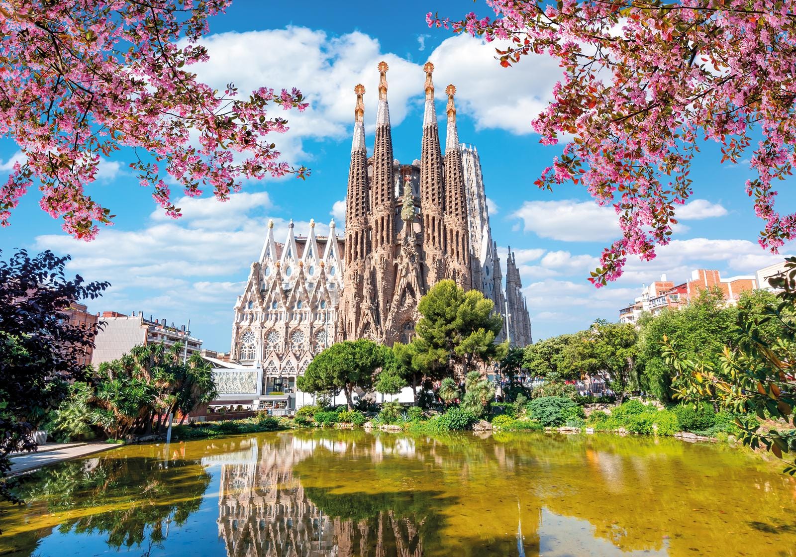 Beeindruckende Sagrada Familia in Barcelona mit blühenden Bäumen und klarem Himmel.