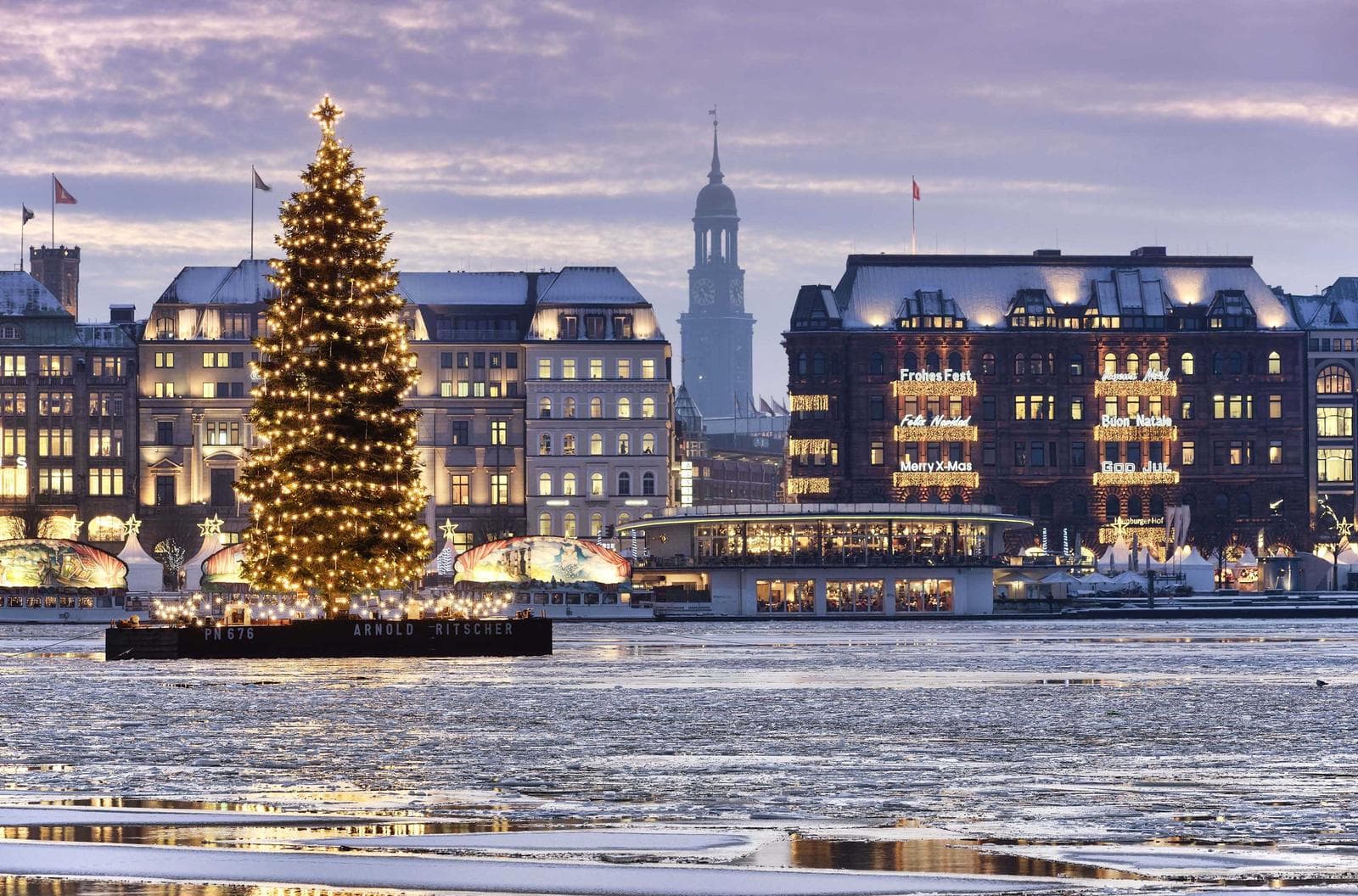 Weihnachtsbaum vor beleuchteter Kulisse in Hamburg, mit Alster und historische Gebäude.