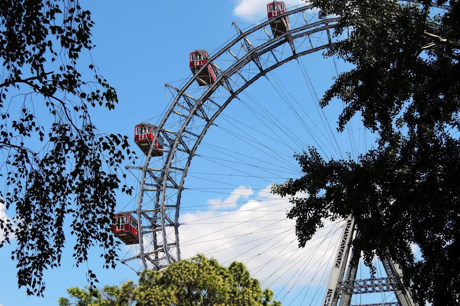 Riesenrad in Wien, Österreich, blauer Himmel, umgeben von Bäumen.