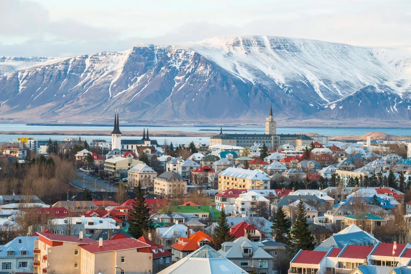 Bunte Häuser in Reykjavík vor schneebedeckten Bergen und blauem Meer in Island.