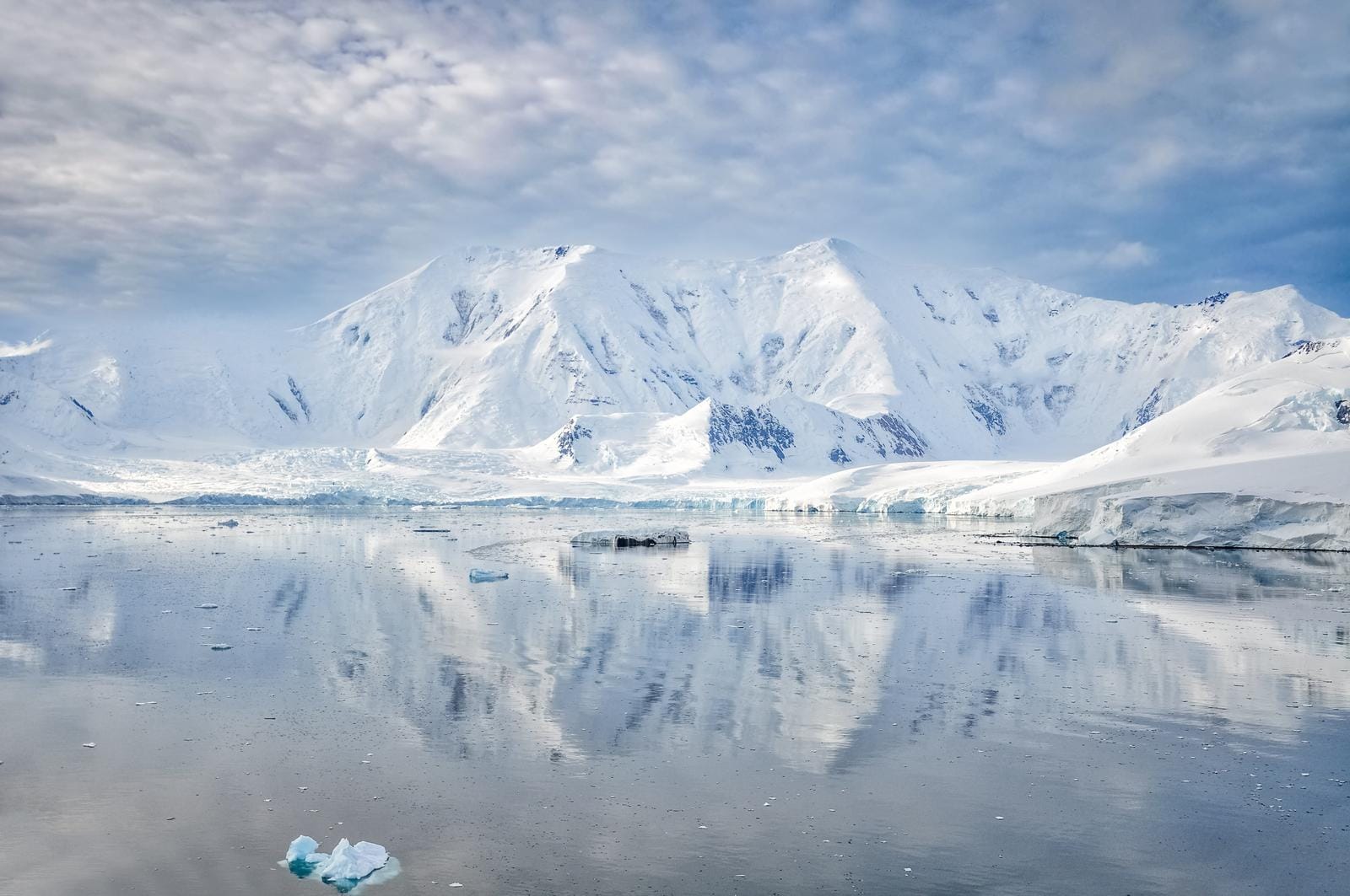 Verschneite Berge und eisige Küsten spiegeln sich im klaren Wasser der Antarktis.