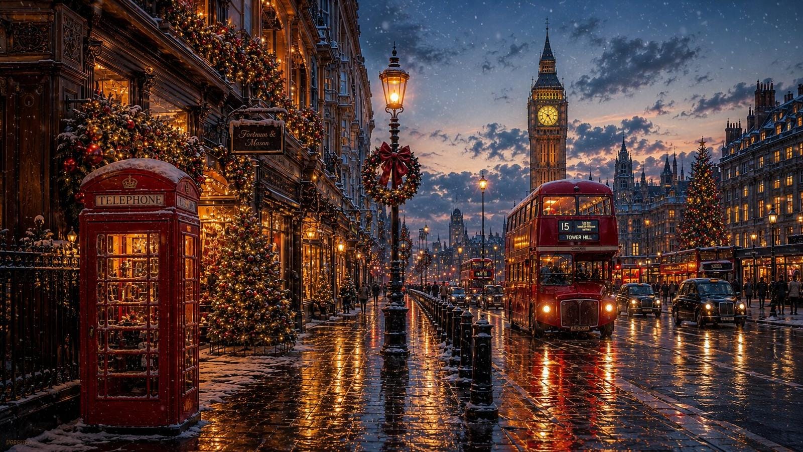 Verschneite Londoner Winterstraße mit Big Ben, rotem Bus und festlicher Beleuchtung.