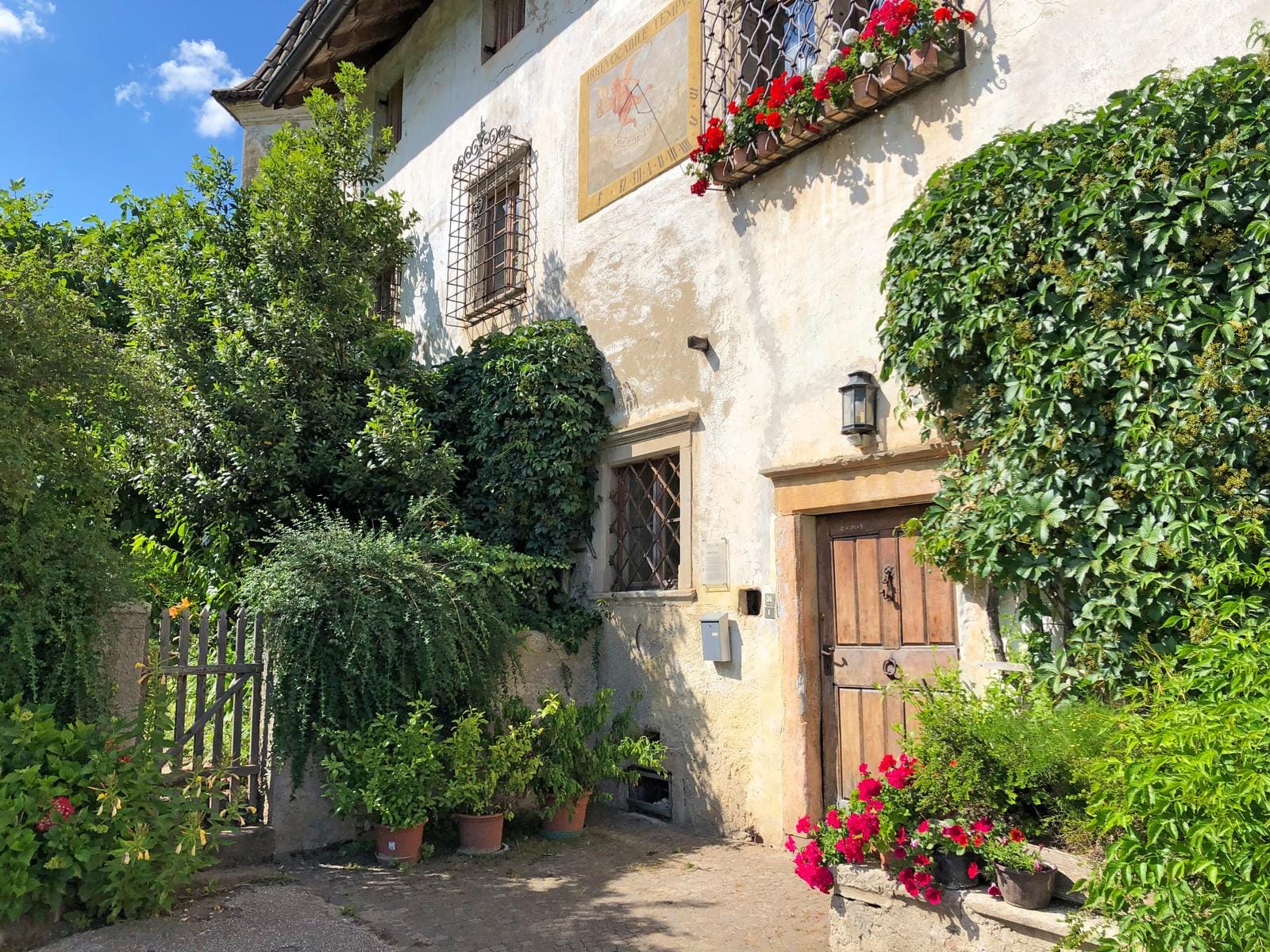 Historisches Haus mit Holztür, Fensterläden, Blumenschmuck und üppigem Grünbewuchs.