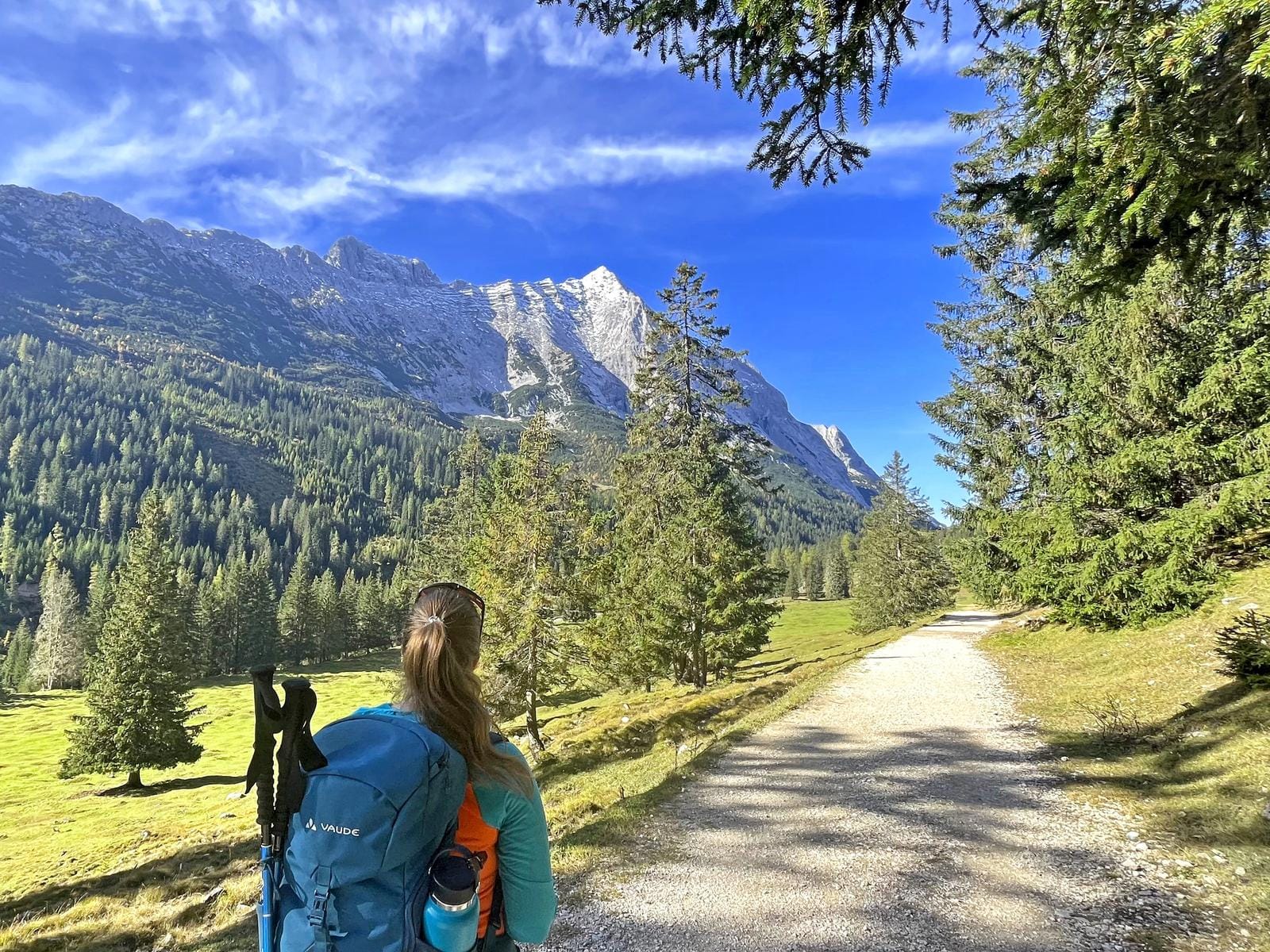 Wanderung in den Alpen, Deutschland, mit Rucksack im Grünen und majestätischen Bergen.
