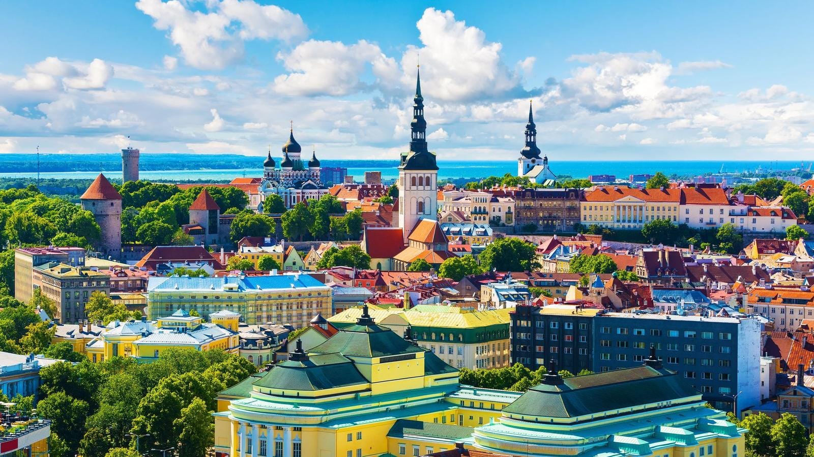 Blick auf Tallinn in Estland: historische Gebäude unter blauem Himmel und Küstenblick.