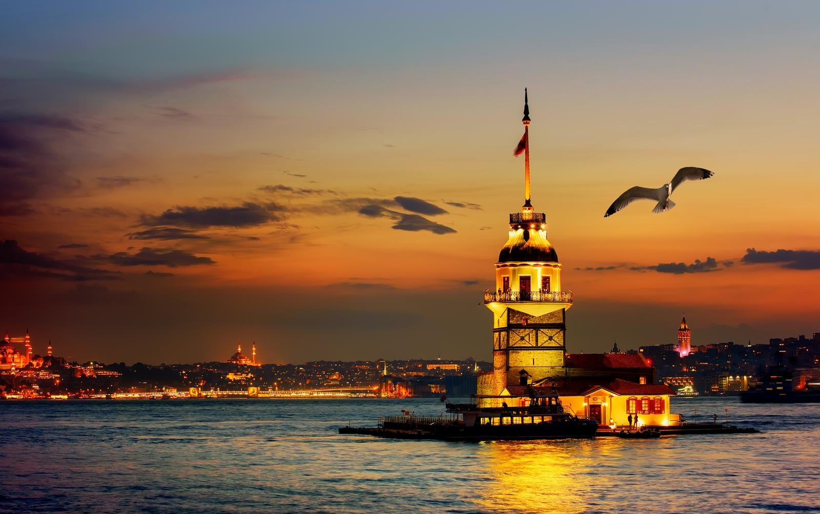 Leanderturm bei Sonnenuntergang in Istanbul, Türkei, mit Möwe im Vordergrund.